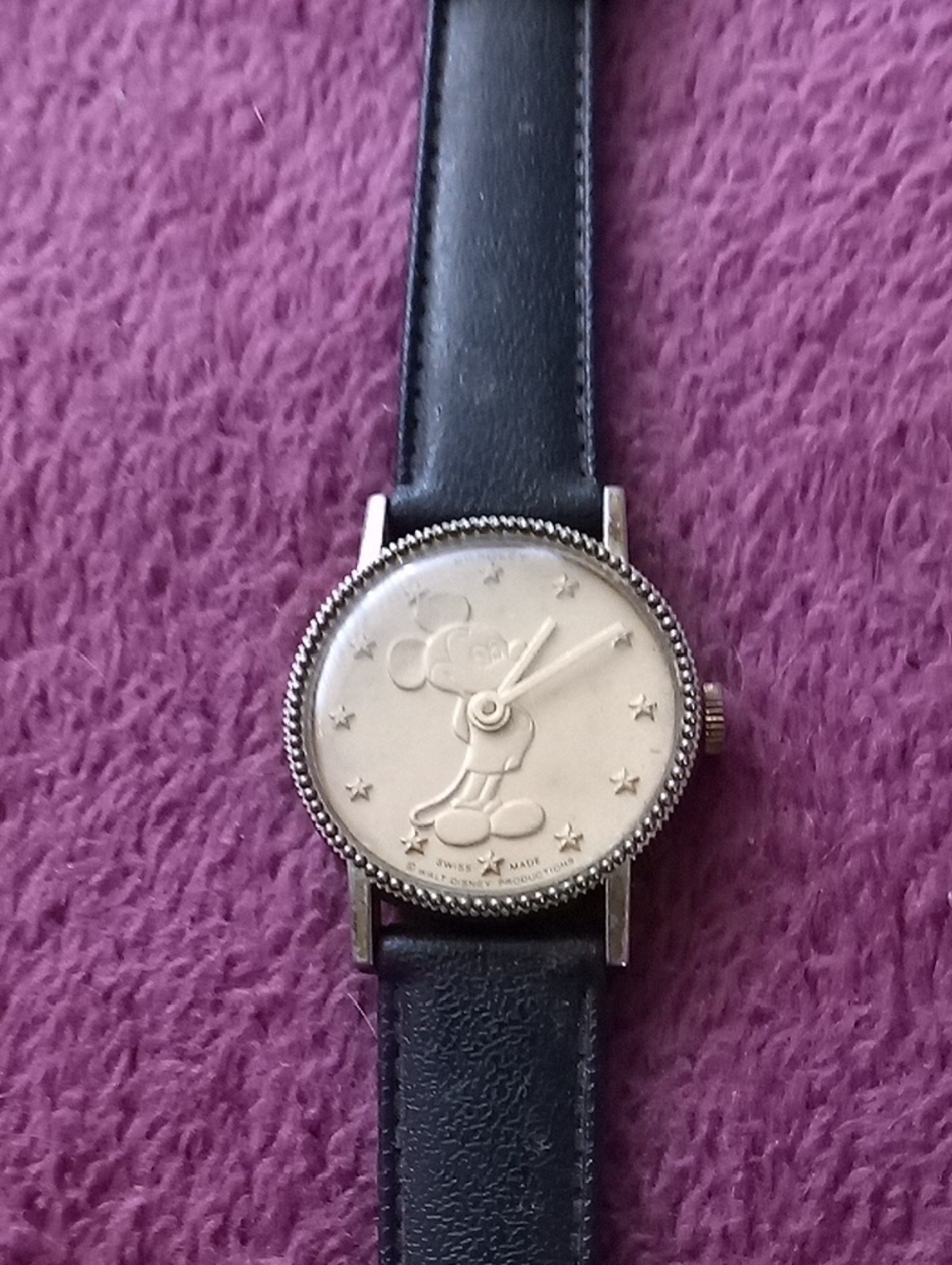 Vintage Silver Mickey Mouse Dial Watch with Black Leather Strap